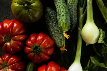 ripe fresh tomatoes and cucumbers of different varieties