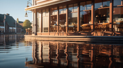 Coffee Shop Charms: The Quaint Exterior Mirrored in Tranquil Waters, Inviting Patrons to Sip, Savor, and Satisfy Amidst a Reflective Oasis