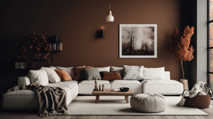 Living room interior with mock up poster frame, white sofa, stylish coffee table, brown wall, modern pouf, plaid, black pillow, vase with branch and personal black accessories. Home decor.