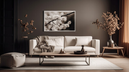 Living room interior with mock up poster frame, white sofa, stylish coffee table, brown wall, modern pouf, plaid, black pillow, vase with branch and personal black accessories. Home decor.