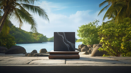Black stone podium on stone platform against blurred tropical beach background - obrazy, fototapety, plakaty