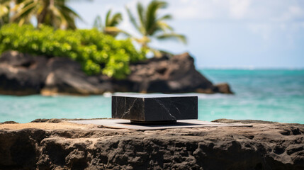 Black stone podium on stone platform against blurred tropical beach background - obrazy, fototapety, plakaty