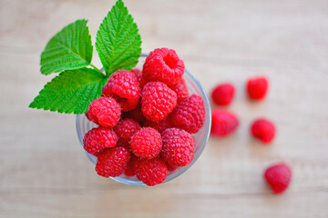 świeże maliny na słońcu w kubku, czerwone maliny, soczyste maliny z zielonym listkiem, fresh raspberries in a cup, red raspberries, juicy raspberries with a green leaf, Rubus idaeus, horizontal photo © kateej