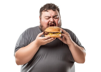 Fat man eating big burger, cut out