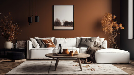 Living room interior with mock up poster frame, white sofa, stylish coffee table, brown wall, modern pouf, plaid, black pillow, vase with branch and personal black accessories. Home decor.