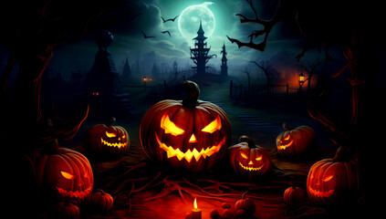 Halloween pumpkin head jack lantern with burning candles in scary deep night forest. AI generated