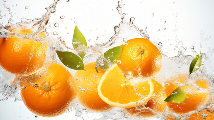 Delicious and juicy oranges fruit flying over, with many squirts of fresh water on white background - obrazy, fototapety, plakaty