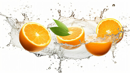 Delicious and juicy oranges fruit flying over, with many squirts of fresh water on white background - obrazy, fototapety, plakaty
