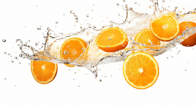 Delicious and juicy oranges fruit flying over, with many squirts of fresh water on white background