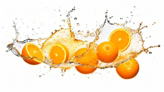 Delicious and juicy oranges fruit flying over, with many squirts of fresh water on white background