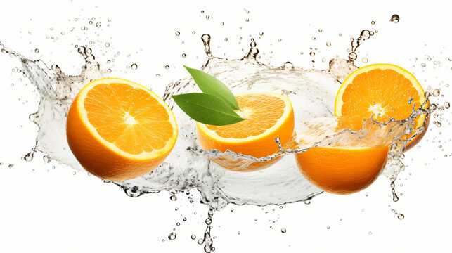 Delicious and juicy oranges fruit flying over, with many squirts of fresh water on white background