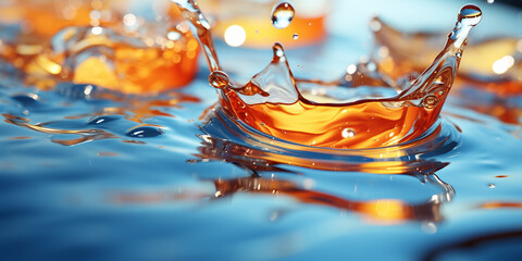 Wasser und Spiegelung in blau und orange platscht als Hintergrund für Webdesign Nahaufnahme im Querformat für Banner, ai generativ - obrazy, fototapety, plakaty