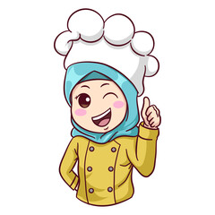 illustration Cute muslim female chef wearing a hijab giving thumbs up

