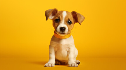Cute puppy dog on yellow background - obrazy, fototapety, plakaty