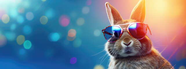 Easter bunny in sunglasses on colourful background with free copy space