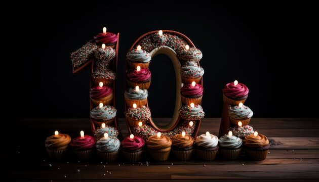 Photo of a number 10 made out of cupcakes with candles