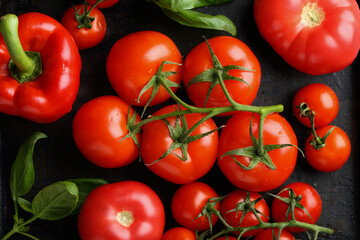 Red tomatoes and pepper top view food