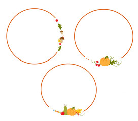 Autumn  circle  frame set. Cute frame with pumpkin, autumn leaves, berries and mushrooms. Vector illustration. 