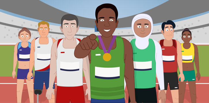 Illustration of group of athletes in stadium. Champions together pointing at viewer. AthleticSpirit.