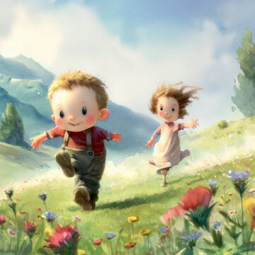 Watercolor illustration of a young boy and girl running through fields of flowers and grass on a hot summer day