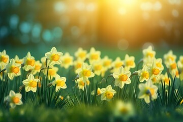 Obraz premium Yellow Daffodils Flowers closeup on a yellow or green bokeh background