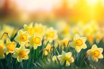 Yellow Daffodils Flowers closeup on a yellow or green bokeh background
