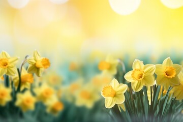 Yellow Daffodils Flowers closeup on a yellow or green bokeh background