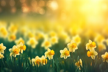 Obraz premium Yellow Daffodils Flowers closeup on a yellow or green bokeh background