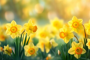 Obraz premium Yellow Daffodils Flowers closeup on a yellow or green bokeh background