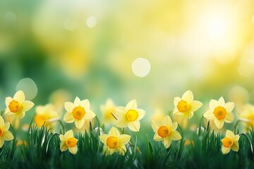 Fototapeta na wymiar Yellow Daffodils Flowers closeup on a yellow or green bokeh background