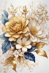 Spring floral in watercolor background. Luxury wallpaper design with flowers, line art, golden texture. Elegant gold blossom flowers illustration suitable for fabric, prints, cover, vivid flowers, lea - obrazy, fototapety, plakaty