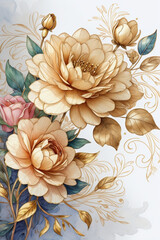 Spring floral in watercolor background. Luxury wallpaper design with flowers, line art, golden texture. Elegant gold blossom flowers illustration suitable for fabric, prints, cover, vivid flowers, lea - obrazy, fototapety, plakaty