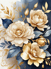 Spring floral in watercolor background. Luxury wallpaper design with flowers, line art, golden texture. Elegant gold blossom flowers illustration suitable for fabric, prints, cover, vivid flowers, lea - obrazy, fototapety, plakaty