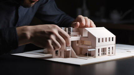 Detailed shot of a male architect's hands creating a miniature house model within his office..