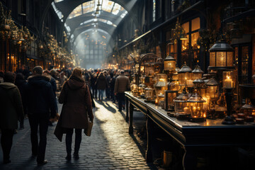 Holiday Shopping. People bustling through a festive market, exploring stalls filled with unique gifts and ornaments. Generative AI.