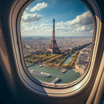 a photography and nice view for eiffel tower from airplane window view
