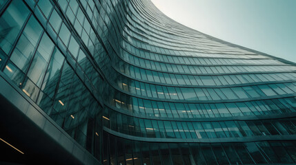 Fototapeta premium Low angle view of futuristic architecture, Skyscraper of office building with curve glass window.