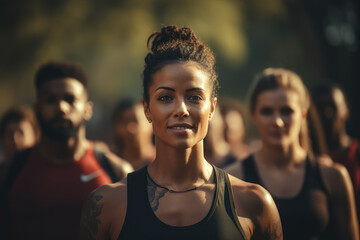 Fitness Community. Group participating in a boot camp class at a park, symbolizing the support and camaraderie of fitness groups. Generative AI.
