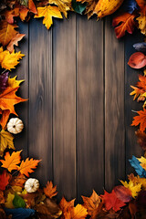 Autumn leaves and pumpkins frame on a wooden background. Thanksgiving concept. Copy space.