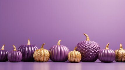 Purple and gold pumpkins lined up on a light purple background with copy space. Halloween concept.  - obrazy, fototapety, plakaty