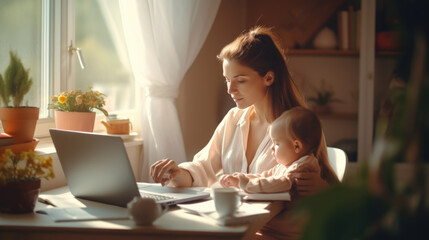 A young mom and her newborn baby are sitting at a laptop and mom is trying to work. Wrk life balance concept. Created with Generative AI technology.