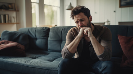 Fototapeta premium Man Suffering From Depression Sitting On Sofa In Pajamas