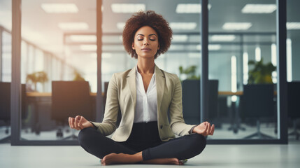 Young businesswoman does yoga at work in the office. Created with Generative AI technology.