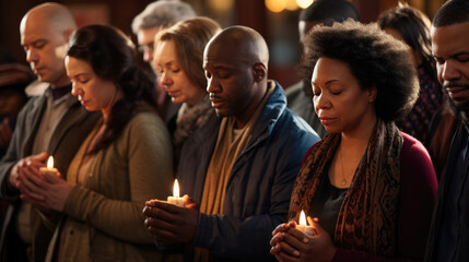 Fototapeta premium Group of people during prayer in a church.