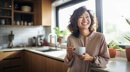 Beautiful woman smiling with a cup of coffee in the kitchen of her home