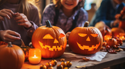 Happy family with little kids preparing pumpkins for Halloween at home.