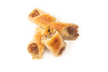 Delicious sweet baklava with walnuts isolated on white background.