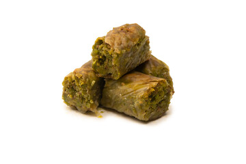 Turkish pistachio baklava isolated on white background.