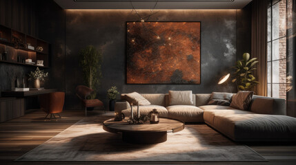 Luxurious living room with wall textures, carpets and nature inspiring details. Modern, fabulous and sleek living room design, led lights and wall paintings.