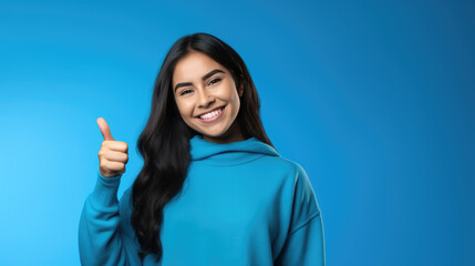 Woman on the blue background is holding a thumbs up as a sign of approval.